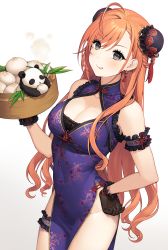 Rule 34 | 1girl, :p, arisugawa natsuha, baozi, bare shoulders, black gloves, bra, breasts, china dress, chinese clothes, cleavage, commentary request, cowboy shot, cowlick, dot nose, double bun, dress, earrings, food, frills, gloves, grey eyes, hair bun, hand on own hip, highres, holding, idolmaster, idolmaster shiny colors, jewelry, lace, lace-trimmed bra, lace trim, large breasts, long hair, looking at viewer, orange hair, panda, parted bangs, purple dress, shadow, sleeveless, sleeveless dress, solo, split mouth, steam, tassel, tongue, tongue out, underwear, yeije