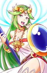 Rule 34 | 1girl, bare shoulders, breasts, cleavage, green hair, highres, jewelry, kid icarus, kid icarus uprising, lyn (shunao), necklace, nintendo, palutena, shield, solo, staff, thighhighs, tiara