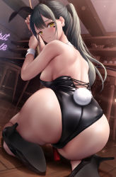 Rule 34 | 1girl, animal ears, ass, back, bare legs, black footwear, black hair, black leotard, breasts, ceiling, closed mouth, commentary request, fake animal ears, fake tail, from behind, high heels, highres, indoors, leotard, long hair, looking at viewer, looking back, mhru, nail polish, original, playboy bunny, ponytail, rabbit ears, rabbit tail, red nails, sideboob, solo, stool, tail, wrist cuffs, yellow eyes