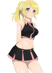 Rule 34 | 1girl, arms behind back, ayase eli, blonde hair, blue eyes, blush, breasts, cheerleader, groin, large breasts, love live!, love live! school idol project, midriff, navel, ponytail, shin&#039;ya (shin&#039;yanchi), simple background, skirt, smile, solo, white background