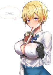 Rule 34 | 1girl, bad id, bad pixiv id, belt, black gloves, blonde hair, blue bow, blue bowtie, blue eyes, blue skirt, blush, bow, bowtie, breast hold, breasts, bubble tea challenge, check translation, cleavage, closed mouth, covered erect nipples, cup, drinking, girls&#039; frontline, gloves, hand on breast, highres, korean commentary, korean text, large breasts, looking at viewer, mole, mole under eye, pengrani, shirt, short hair, skirt, solo, translation request, vsk-94 (girls&#039; frontline), white background, white shirt