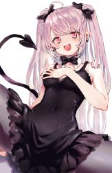 Rule 34 | 1girl, :d, ahoge, bare arms, bare shoulders, bat earrings, black bow, black bowtie, black dress, blush, bow, bowtie, breasts, collar, commentary request, covered navel, demon tail, detached collar, dress, earrings, grey pantyhose, hair bow, hand on own chest, hand up, highres, jewelry, long hair, looking at viewer, medium breasts, nail polish, open mouth, original, pantyhose, red eyes, red nails, sha2mo, silver hair, simple background, sleeveless, sleeveless dress, smile, solo, spread legs, tail, teeth, two side up, upper teeth only, very long hair, white background, white collar