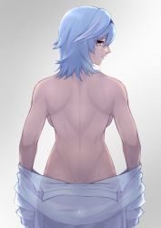 Rule 34 | 1girl, absurdres, alternate costume, ass, back, back focus, bad id, bad pixiv id, bare back, bare shoulders, blue hair, breasts, commentary request, eula (genshin impact), from behind, genshin impact, gradient background, hair between eyes, hairband, highres, kirima (user danf8787), looking at viewer, looking back, muscular, muscular female, parted lips, see-through, shirt, short hair, shoulder blades, sideboob, sidelocks, simple background, solo, sweat, white shirt, yellow eyes