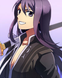 Rule 34 | 00s, 1boy, bad id, bad pixiv id, katana, long hair, male focus, over shoulder, purple eyes, purple hair, ruchi, sheath, sheathed, solo, sword, sword over shoulder, tales of (series), tales of vesperia, weapon, weapon over shoulder, yuri lowell