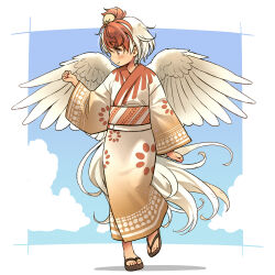 Rule 34 | 1girl, adapted costume, arm up, bird, brown eyes, chick, feathered wings, full body, japanese clothes, kimono, multicolored hair, niwatari kutaka, obi, red hair, sandals, sash, short hair, smile, solo, tail, toes, touhou, two-tone hair, walking, white hair, wings, yudepii, zouri