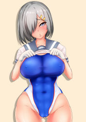 Rule 34 | 1girl, :o, abs, absurdres, blue eyes, blush, breasts, cameltoe, clothes lift, competition swimsuit, cowboy shot, gloves, hair ornament, hair over one eye, hairclip, hamakaze (kancolle), highres, kantai collection, large breasts, monte (koupin), navel, nipples, one-piece swimsuit, school uniform, serafuku, shirt lift, silver hair, simple background, swimsuit, swimsuit under clothes, white gloves