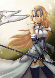 Rule 34 | 1girl, absurdres, armor, bad id, bad pixiv id, black thighhighs, blonde hair, blue eyes, breasts, fate/apocrypha, fate/grand order, fate (series), flag, headpiece, highres, holding, holding flag, jeanne d&#039;arc (fate), jeanne d&#039;arc (ruler) (fate), jeanne d&#039;arc (third ascension) (fate), large breasts, long hair, looking away, mira-sumter, solo, thighhighs