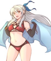 Rule 34 | 1girl, :d, absurdres, adapted costume, bare shoulders, bikini, black gloves, blue cape, breasts, cape, clothing cutout, collarbone, cowboy shot, fire emblem, fire emblem: radiant dawn, fire emblem heroes, gloves, gluteal fold, groin, hair ribbon, half updo, highres, holding, holding cape, holding clothes, innertube, long hair, looking at viewer, medium breasts, micaiah (fire emblem), navel, nintendo, official alternate costume, open mouth, red bikini, ribbon, silver hair, simple background, smile, solo, standing, swim ring, swimsuit, teeth, transparent background, tridisart, underboob, underboob cutout, white background, yellow eyes