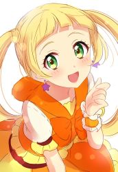 Rule 34 | 1girl, :d, aikatsu! (series), aikatsu friends!, blonde hair, blunt bangs, blush, bow, bowtie, dress, earrings, green eyes, hand up, highres, hinata ema (aikatsu friends!), jewelry, looking at viewer, open mouth, orange bow, orange bowtie, orange dress, orange sailor collar, puffy short sleeves, puffy sleeves, sailor collar, sekina, short sleeves, simple background, smile, solo, star (symbol), star earrings, upper body, white background