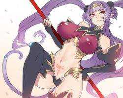 Rule 34 | 1girl, ban! (bansankan), black gloves, black thighhighs, blunt bangs, breasts, covered erect nipples, elbow gloves, female focus, fingerless gloves, gloves, hand on own hip, holding, holding weapon, large breasts, long hair, monkey tail, navel, pointy ears, pubic tattoo, purple hair, queen&#039;s blade, queen&#039;s blade grimoire, queennavel, seiten (queen&#039;s blade), sleeveless, smile, solo, staff, tail, tattoo, thighhighs, twintails, weapon