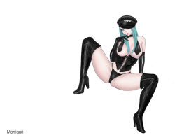 Rule 34 | 1girl, ark (morita hitomi), black panties, boots, capcom, character name, corset, elbow gloves, gloves, hat, morrigan aensland, panties, solo, thigh boots, thighhighs, topless, underwear, vampire (game)