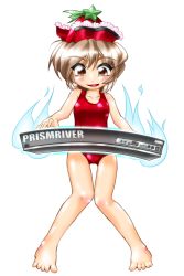 Rule 34 | 1girl, barefoot, blonde hair, brown eyes, brown hair, female focus, full body, hat, instrument, lyrica prismriver, one-piece swimsuit, school swimsuit, short hair, solo, standing, swimsuit, synthesizer, touhou, transparent background, winn