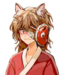 Rule 34 | 1other, ametsukana yago, androgynous, animal ears, bandage over one eye, blush, brilliant pagoda or haze castle, brown hair, cat ears, closed mouth, commentary request, frown, hemo (hemoroda), japanese clothes, kemonomimi mode, kimono, len&#039;en, long hair, mask, mask on head, portrait, red eyes, red kimono, simple background, solo, white background