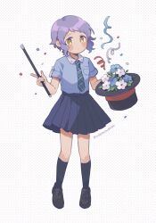 Rule 34 | 1girl, black hat, black socks, blue flower, blue shirt, blue skirt, blush, brown footwear, collared shirt, commentary request, confetti, dot mouth, expressionless, flower, hat, highres, holding, holding clothes, holding hat, holding wand, idolmaster, idolmaster million live!, kneehighs, loafers, looking at viewer, magic, makabe mizuki, no nose, pleated skirt, pocket, polka dot, polka dot background, purple hair, shirt, shoes, short hair, short sleeves, skirt, socks, solo, sushitarou, top hat, twitter username, wand, white background, white flower, yellow eyes