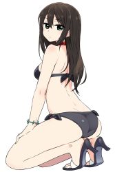 Rule 34 | 10s, 1girl, ass, bikini, black bikini, blush, breasts, brown hair, chan co, collar, earrings, feet, full body, green eyes, hands on lap, hands on thighs, high heels, idolmaster, idolmaster cinderella girls, jewelry, kneeling, long hair, looking at viewer, parted lips, sandals, shibuya rin, shoes, side-tie bikini bottom, simple background, small breasts, solo, swimsuit, toeless footwear, toes, white background