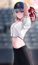 Rule 34 | 1girl, absurdres, apple print, arms up, baseball cap, baseball glove, black pants, blue hat, blurry, blurry background, commentary, cowboy shot, crop top, grey hair, hat, highres, looking at viewer, midriff, navel, original, panic (panic0w), pants, red eyes, shirt, short hair, short sleeves, solo, standing, stomach, symbol-only commentary, white shirt
