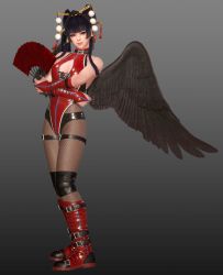 Rule 34 | 1girl, 3d, absurdres, bare shoulders, black hair, black wings, boots, breasts, bridal gauntlets, center opening, closed mouth, crossed arms, dead or alive, dead or alive 6, feathered wings, fishnet pantyhose, fishnets, full body, grey background, hair ornament, hair stick, hand fan, highres, holding, leotard, lips, looking at viewer, medium breasts, mole, mole under mouth, nyotengu, official art, pantyhose, purple eyes, red footwear, red leotard, shiny clothes, sleeveless, solo, standing, thigh strap, wings