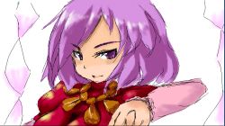 Rule 34 | 1girl, female focus, oekaki, purple eyes, purple hair, short hair, solo, tetsuji, touhou, white background, yasaka kanako