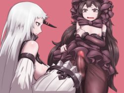 Rule 34 | 2girls, abyssal ship, arm warmers, bare shoulders, black dress, black hair, black legwear, black ribbon, black sleeves, breasts, bulge, censored, clothes lift, detached sleeves, dress, elbow sleeve, erection, erection under clothes, flat chest, frilled dress, frilled headband, frills, futanari, gauntlets, glowing horns, gothic lolita, hairband, high collar, horns, huge breasts, isolated island oni, kantai collection, lifted by self, lolita fashion, lolita hairband, long hair, looking at penis, mosaic censoring, multiple girls, neck ribbon, nipples, onboro (clunker), open mouth, pale skin, pantyhose, parted lips, penis, pink background, red eyes, ribbon, seaport princess, shiny skin, sideboob, sidelocks, single horn, skirt, skirt lift, undressing, very long hair, white dress, white hair, white sleeves, wide sleeves
