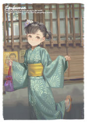 Rule 34 | 1girl, alphonse (white datura), aqua kimono, black hair, border, brown eyes, clog sandals, closed mouth, english text, fireworks print, flower, hair flower, hair ornament, highres, holding, japanese clothes, kimono, kinchaku, long sleeves, obi, original, outdoors, pinching sleeves, poster (object), pouch, sandals, sash, side ponytail, sleeves past wrists, smile, solo, standing, standing on one leg, w arms, wall, window, wooden wall, yukata, zouri