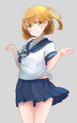 Rule 34 | 10s, 1girl, bandaid, bandaid on face, bandaid on leg, blush, brown hair, clenched hands, comah, grey background, kantai collection, looking at viewer, oboro (kancolle), pleated skirt, school uniform, serafuku, short hair, simple background, skirt, smile, solo, thighs, w arms, wind, wrists extended, yellow eyes