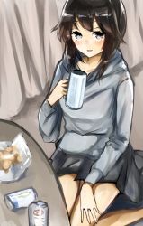 Rule 34 | 1girl, beer can, black hair, can, commentary request, drink can, glass, grey eyes, grey skirt, grey sweater, hayasui (kancolle), highres, hood, hooded sweater, hoodie, kantai collection, kazu (really in hot water now), official alternate costume, pleated skirt, short hair, skirt, solo, stable, sweater