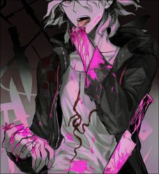 Rule 34 | 1boy, amputee, blood, blood on clothes, blood on hands, bloody knife, bloody weapon, bone, collarbone, commentary request, danganronpa (series), danganronpa 2: goodbye despair, gradient background, guro, hand grab, hood, hooded jacket, jacket, knife, komaeda nagito, male focus, messy hair, open clothes, open jacket, pink blood, print shirt, shirt, solo, tewa (0120831), tongue, tongue out, weapon