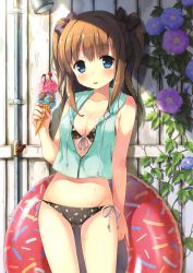 Rule 34 | 1girl, absurdres, berry&#039;s, bikini, black bikini, blue eyes, blush, body blush, bow, breasts, brown hair, cherry, cleavage, collarbone, crop top, drawstring, fence, fingernails, flower, food, front-tie bikini top, front-tie top, fruit, hair bow, highres, hood, hood down, hoodie, houkou yuuka, ice cream, ice cream cone, innertube, long hair, looking at viewer, morning glory, nail polish, outdoors, pink nails, pinky out, plant, popsicle, print bikini, sakura koharu, scan, shade, shower head, side-tie bikini bottom, sleeveless, sleeveless hoodie, solo, sprinkles, sunlight, sweat, swim ring, swimsuit, tongue, tongue out, two side up, wet, whipped cream, wooden fence