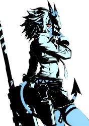Rule 34 | bare legs, blue skin, choker, colored skin, ear piercing, food, highres, horns, jacket, looking at viewer, mask, mask on head, neck tie, oni, oni horns, piercing, pocky, red eyes, shirt, shoes, skirt, soukaku (zenless zone zero), tail, thigh strap, weapon, zenless zone zero