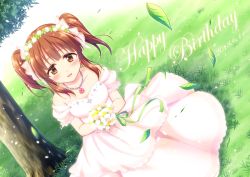 Rule 34 | 1girl, bare shoulders, bouquet, brown eyes, brown hair, clover, clover hair ornament, commentary request, dated, detached sleeves, dress, earrings, flower, four-leaf clover, grass, green ribbon, hair ornament, hairband, happy birthday, holding, holding bouquet, idolmaster, idolmaster cinderella girls, jewelry, leaf, looking at viewer, naoharu (re barna), necklace, ogata chieri, parted lips, pink dress, ribbon, smile, solo, tree, twintails