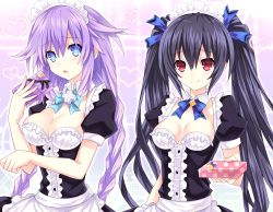 Rule 34 | 10s, 2girls, :o, alternate costume, apron, bad id, bad pixiv id, black bow, black dress, black hair, blue bow, blue bowtie, blue eyes, blue ribbon, blush, bow, bowtie, box, braid, breasts, buttons, center frills, cleavage, cleavage cutout, closed mouth, clothing cutout, collarbone, detached collar, dress, enmaided, eyebrows, frills, gift, gift box, hair between eyes, hair flaps, hair ribbon, heart, heart background, hinano, holding, holding gift, large breasts, long hair, looking at viewer, maid, maid apron, maid headdress, multiple girls, neptune (neptunia), neptune (series), noire (neptunia), open mouth, paw pose, pink background, polka dot, puffy short sleeves, puffy sleeves, purple hair, purple heart (neptunia), red eyes, ribbon, short sleeves, simple background, smile, symbol-shaped pupils, tsurime, twin braids, twintails, upper body, valentine, very long hair, waist apron