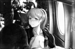 Rule 34 | 1girl, breasts, cleavage, crying, dongsa wonhyong, greyscale, intrepid (kancolle), kantai collection, large breasts, long hair, monochrome, open clothes, open shirt, photo background, ponytail, shirt, solo focus, vehicle interior, vietnam war