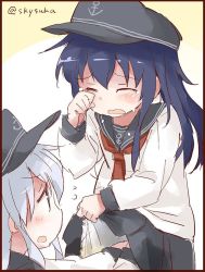 Rule 34 | 10s, 2girls, akatsuki (kancolle), anchor symbol, closed eyes, clothes lift, commentary request, crying, flat cap, hat, hibiki (kancolle), kantai collection, long hair, multiple girls, neckerchief, open mouth, pee, peeing, peeing self, purple hair, red neckerchief, school uniform, serafuku, silver hair, simple background, skirt, skirt lift, suka, tears, twitter username, wavy mouth, wiping tears