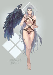 Rule 34 | 1girl, barefoot, black nails, breasts, feet, female focus, final fantasy, final fantasy vii, full body, genderswap, genderswap (mtf), green eyes, highres, holding, holding riding crop, large breasts, lingerie, long hair, nail polish, riding crop, sagta panggang, sephiroth, silver hair, single wing, solo, standing, toenail polish, toenails, toes, underwear, underwear only, very long hair, whip, wings