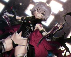 Rule 34 | 1girl, bad id, bad pixiv id, bandaged arm, bandages, black panties, black thighhighs, breasts, cleavage, cleavage cutout, cloak, clothing cutout, cowboy shot, dual wielding, dutch angle, fate/grand order, fate (series), fingerless gloves, glint, gloves, gluteal fold, grey eyes, highres, holding, jack the ripper (fate/apocrypha), knife, looking at viewer, navel, outstretched arm, panties, short hair, silver hair, small breasts, smile, solo, souma kira, string panties, thighhighs, underwear