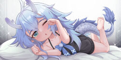 Rule 34 | 1girl, :o, aqua eyes, bailu (honkai: star rail), barefoot, batazungharn, black dress, blue bow, blue hair, blush, bow, collarbone, commentary, cowlick, crossed bangs, dragon horns, dragon tail, dress, dress bow, feet up, flat chest, full body, hair between eyes, halterneck, highres, honkai: star rail, honkai (series), horns, light blue hair, long hair, lying, on stomach, one eye closed, parted lips, pointy ears, short dress, soles, solo, tail, the pose, toes