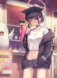 Rule 34 | 1girl, black choker, black hair, black jacket, black shorts, blue archive, breasts, choker, collarbone, colored inner hair, commentary, commission, cowboy shot, crepe, food, hair ornament, hairclip, halo, highres, holding, holding food, jacket, kazusa (blue archive), long sleeves, looking at viewer, medium breasts, multicolored hair, navel, open clothes, open jacket, peroro (blue archive), pink hair, pink halo, pixiv commission, red eyes, ryuinu, shirt, short hair, short sleeves, shorts, solo, white shirt