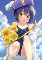 Rule 34 | 1girl, :d, bare legs, bare shoulders, barefoot, between fingers, blue eyes, blue hat, blue sky, blush, brown eyes, cloud, collar, commentary request, competition school swimsuit, day, fang, fingernails, flower, gochuumon wa usagi desu ka?, hat, highres, holding, holding flower, hood, hood down, hooded jacket, horizon, jacket, jouga maya, niiya, ocean, off shoulder, one-piece swimsuit, open clothes, open jacket, open mouth, outdoors, pirate hat, ribbon, school swimsuit, short hair, sky, sleeves past wrists, smile, solo, sparkle, squatting, sunflower, swimsuit, water, white jacket, wild geese, yellow flower, yellow ribbon