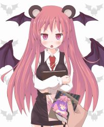 Rule 34 | 1girl, animal ears, annoyed, bat wings, bear ears, blush, book, hugging book, bookshelf, breasts, crossed arms, demon wings, dress shirt, embodiment of scarlet devil, female focus, garter straps, head wings, highres, holding, holding book, kemonomimi mode, koakuma, large breasts, long hair, looking at viewer, maromi gou, necktie, hugging object, open mouth, patchouli knowledge, photo (object), pov, red eyes, red hair, red necktie, shirt, skirt, skirt set, sleeping, solo focus, touhou, very long hair, vest, white shirt, wings