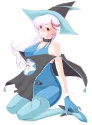 Rule 34 | 1girl, aikawa akane, aqua legwear, bare shoulders, black hat, blue dress, blue footwear, blue gloves, breasts, brown eyes, clasped dress, cleavage, dress, earrings, facing viewer, full body, gloves, hat, jewelry, long hair, looking at viewer, mahou tsukai tai!, multicolored hair, purple hair, silver hair, simple background, sitting, smile, solo, streaked hair, tight clothes, tight dress, two-tone hair, wariza, white background, witch hat