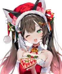 Rule 34 | 1girl, ;d, animal ears, armband, bare shoulders, blush, breasts, brown hair, cake, collarbone, crescent, detached collar, food, fruit, fur trim, green eyes, hat, head tilt, holding, holding cake, holding food, long hair, looking at viewer, multicolored hair, naizotan, one eye closed, open mouth, original, pom pom (clothes), red hat, santa hat, simple background, small breasts, smile, solo, strawberry, symbol-shaped pupils, twintails, two-tone hair, upper body, virtual youtuber, white background, white hair