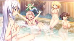 Rule 34 | 5girls, ^ ^, arm between breasts, artist request, bathing, between breasts, black hair, blonde hair, blue eyes, blush, breast envy, breast hold, breasts, brown hair, closed eyes, completely nude, double bun, fence, game cg, grabbing own breast, green eyes, green hair, hair bun, harvest overray, kneeling, large breasts, long hair, loreley (harvest overray), mermaid, mikami lilia, monster girl, multiple girls, navel, nipples, nude, onsen, open mouth, ouno sumi, outstretched arms, partially submerged, pink hair, ponytail, purple eyes, red hair, silver hair, sitting, small breasts, splashing, tamaki yuuka, very long hair, water, yatsurugi komachi