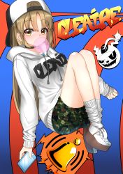 Rule 34 | 1girl, absurdres, baseball cap, bell, camouflage, camouflage shorts, cellphone, chewing gum, choker, full body, hat, highres, holding, holding phone, hood, hood down, hooded sweater, light brown hair, long hair, long sleeves, looking at viewer, nijisanji, phone, short shorts, shorts, sister claire, smartphone, socks, solo, subaru (subaru 9781), sweater, virtual youtuber, white socks, white sweater, yellow eyes