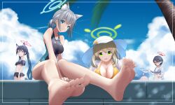 Rule 34 | 5girls, absurdres, animal ears, ayane (blue archive), ayane (swimsuit) (blue archive), barefoot, bikini, blue archive, blue eyes, breasts, feet, glasses, green eyes, grey hair, hat, highres, hoshino (blue archive), large breasts, long hair, looking at viewer, medium hair, multiple girls, nonomi (blue archive), nonomi (swimsuit) (blue archive), one-piece swimsuit, open mouth, pink eyes, pink hair, pointy ears, serika (blue archive), serika (swimsuit) (blue archive), shiroko (blue archive), shiroko (swimsuit) (blue archive), soles, sun hat, swimsuit, toes, twintails, yellow eyes