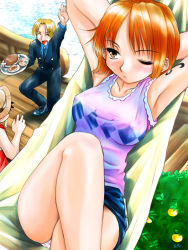 Rule 34 | 1girl, 2boys, armpits, atchy, black shirt, blonde hair, blouse, blue shirt, breasts, covered erect nipples, food, fruit, going merry, hammock, hat, large breasts, meat, mistake, monkey d. luffy, multiple boys, nami (one piece), necktie, ocean, one piece, orange (fruit), orange hair, panties, pantyshot, parted bangs, pirate, purple shirt, red shirt, saliva, sanji (one piece), ship, shirt, shoulder tattoo, sitting, skirt, sleeveless, sleeveless shirt, standing, straw hat, striped clothes, striped panties, tattoo, tree, underwear, upskirt, vest, watercraft