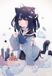 Rule 34 | 1girl, animal ear fluff, animal ears, bandaid, bandaid on face, black footwear, black hair, black ribbon, black sailor collar, black skirt, blue cardigan, blush, bowl, brown eyes, candle, cardigan, cat ears, cat girl, cat hair ornament, cat tail, commentary request, fire, grey background, hair ornament, hair ribbon, highres, kneeling, long sleeves, looking at viewer, open cardigan, open clothes, original, pantyhose, pet bowl, pleated skirt, ribbon, sailor collar, school uniform, serafuku, shirt, shoes, skirt, sleeves past wrists, solo, star (symbol), starry background, suzumori uina, tail, tongue, tongue out, two side up, v-shaped eyebrows, white pantyhose, white shirt