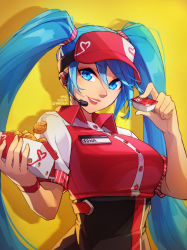 Rule 34 | 1girl, animification, blue eyes, blue hair, box, breasts, chicken (food), fast food, fried chicken, headset, holding, holding box, large breasts, league of legends, long hair, making-of available, md5 mismatch, name tag, parted lips, sauce, smile, solo, sona (league of legends), twintails, uniform, upper body, very long hair, visor cap, vmat, yellow background