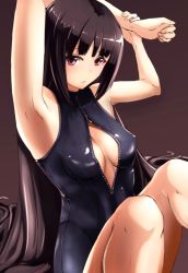 Rule 34 | 1girl, 8gou, armpits, breasts, brown hair, front zipper swimsuit, long hair, looking at viewer, meme attire, one-piece swimsuit, original, purple eyes, shiny clothes, sitting, solo, swimsuit, very long hair