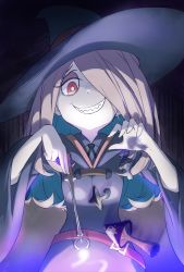 Rule 34 | 10s, 1girl, dark, dress, hair over one eye, hat, highres, little witch academia, long hair, looking at viewer, miyabi (w42949), mushroom, open mouth, pale skin, pink hair, purple hair, red eyes, simple background, smile, solo, sucy manbavaran, witch, witch hat