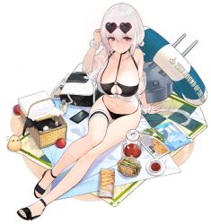 Rule 34 | 1girl, apple, azur lane, bag, beach mat, bikini, bird, black bikini, breasts, cellphone, chick, choker, cleavage, closed mouth, collarbone, eyewear on head, food, frilled cuffs, fruit, full body, hair between eyes, hairband, innertube, kincora, large breasts, magazine (object), navel, official alternate costume, official art, phone, picnic basket, pitcher (container), rigging, sandals, sandwich, scrunchie, see-through, shadow, sidelocks, sirius (azur lane), sirius (scorching-hot seirios) (azur lane), sitting, solo, stomach, sunglasses, swim ring, swimsuit, thigh strap, thighs, toeless footwear, tote bag, transparent background, white background, white hair, wrist scrunchie
